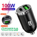 100W/200W QC3.0 PD Mini Car Charger 12-24V Lighter Fast Charging Car USB Type C Charger for Xiaomi Samsung Huawei iPhone Power