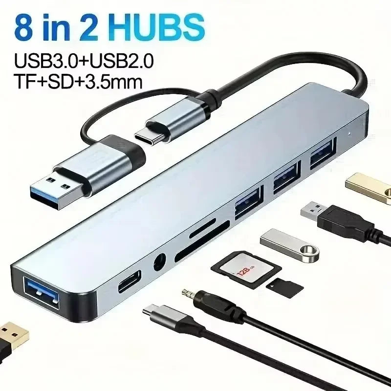 USB C Hub USB Splitter 8 v 1 USB Extender se 4 USB porty 1 USB C portem čtečka TF/SD karet audio výstup kompatibilní s MacBookem